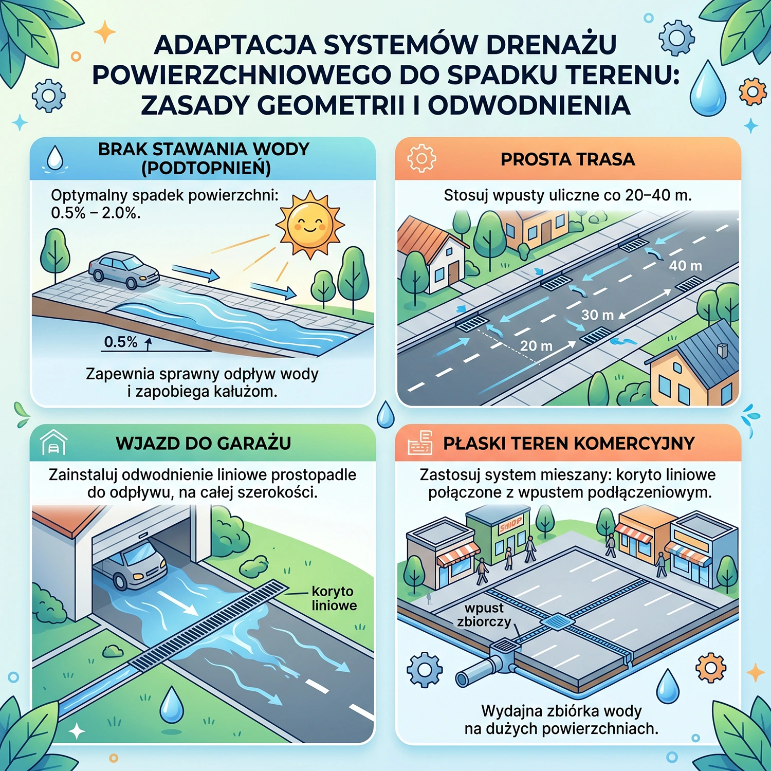 Zasady doboru odwodnienia do spadku i geometrii terenu.